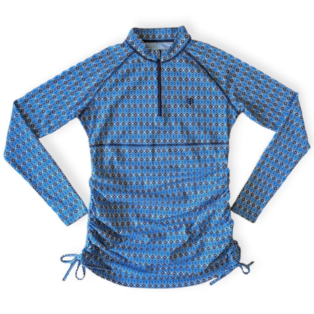Coolibar Island Ruche Swim Shirt Cover Up Blue Geo Size XS Sun Protection UPF 50